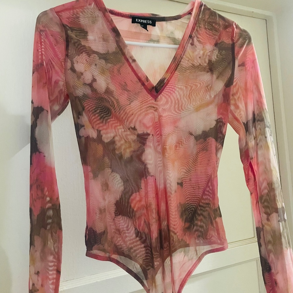 Express Sheer Pink Floral Thong Bodysuit